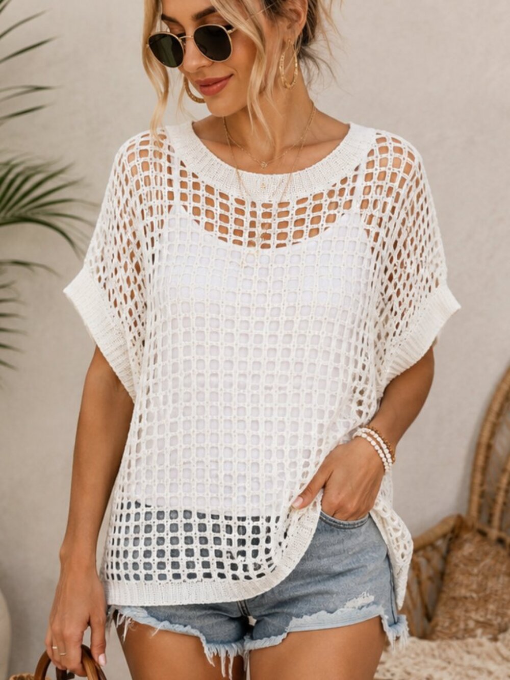 White Open Knit Tunic Layering Top Beach Cover Up Medium NWOT